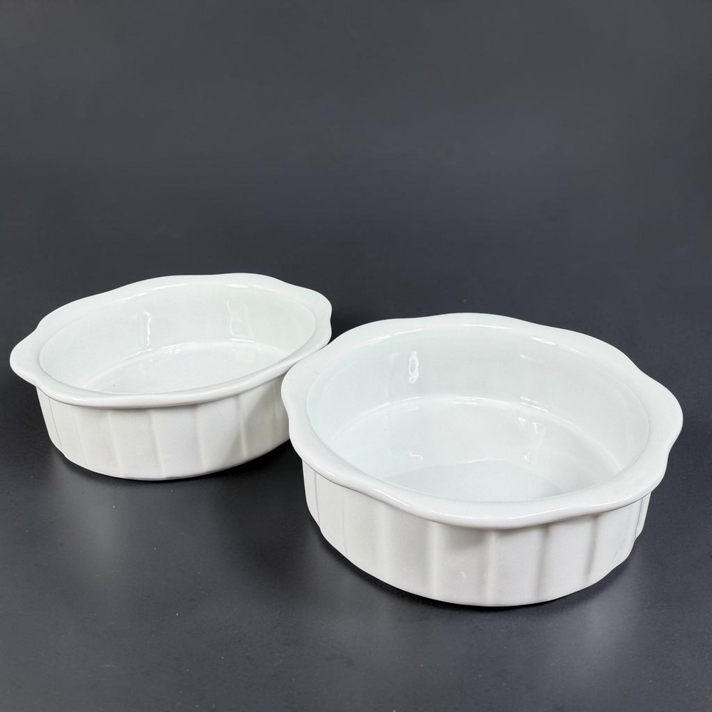 Xcell White Ceramic Ramekins Set of 2 Scalloped Fluted Small Baking Dishes 4in